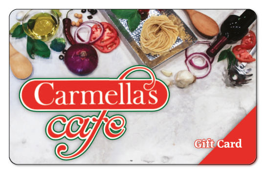 carmellas cafe logo overlaid on a picture of vegetables and pasta ingredients